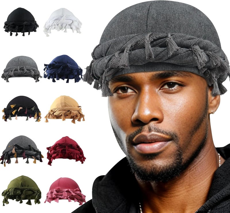 Babalet Store Halo Turban for Men Women Satin Lined Durag Head Wraps Skull Cap Pre-Tied Tassels Braid Beanie Vintage Twist Bonnet - Image 1